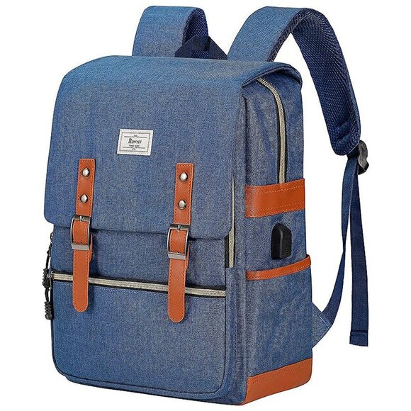 Vintage Laptop Backpack for Women Men,15.6 inch Bookbag Blue
